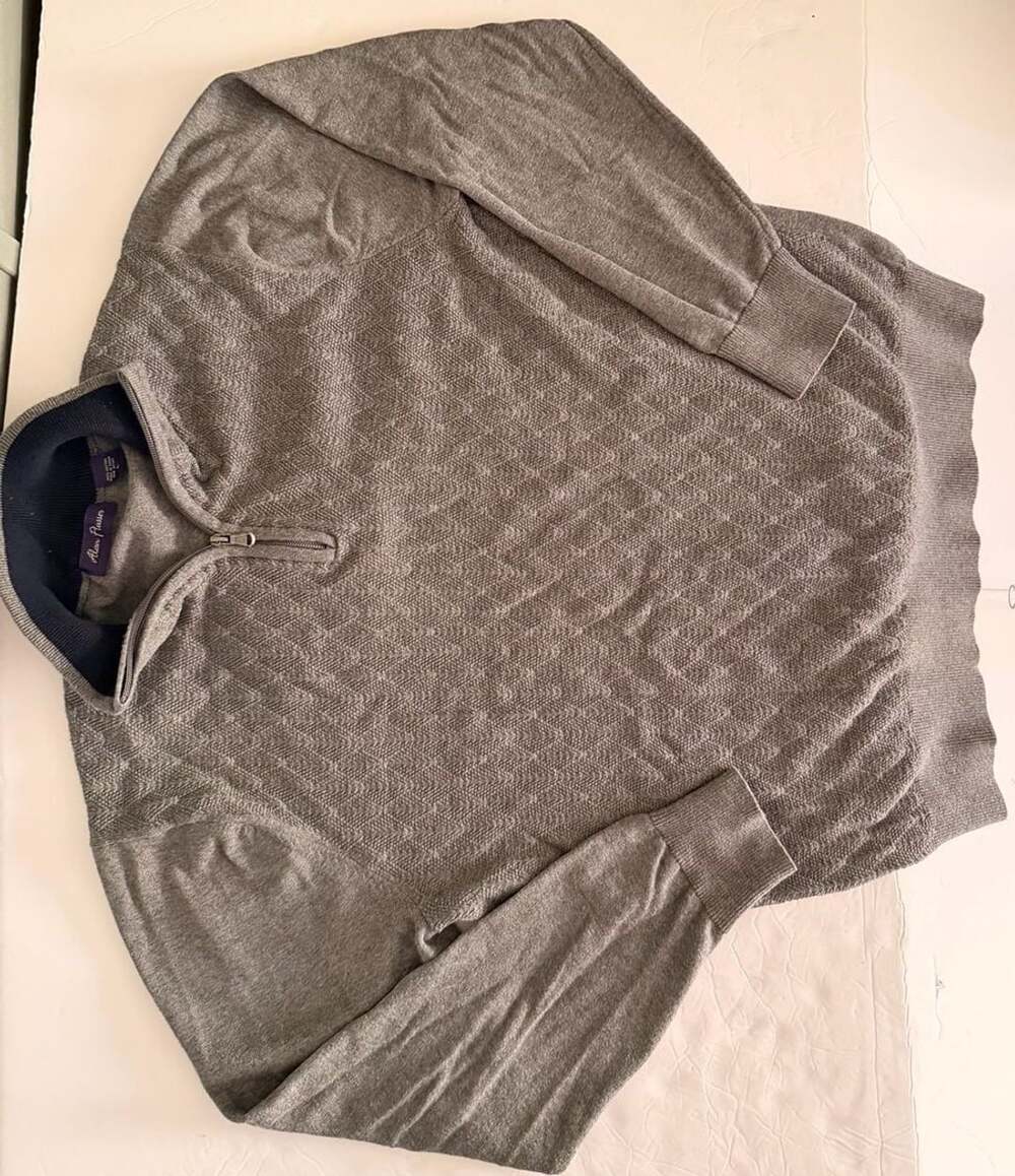 Alan Flusser Gray 100% Cotton Quarter-Zip Geometric Knit Sweater Men's Size L